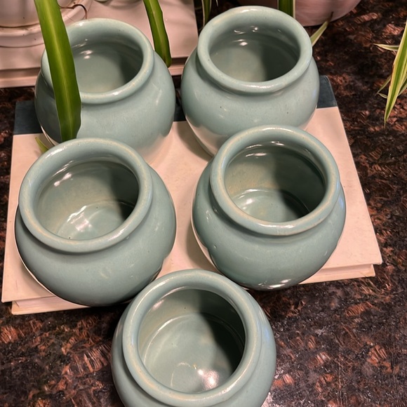 Vintage Glazed Pottery Bean Chili-Soup lg Pot w/6 crocks Signed USA Blue Green - Picture 11 of 12